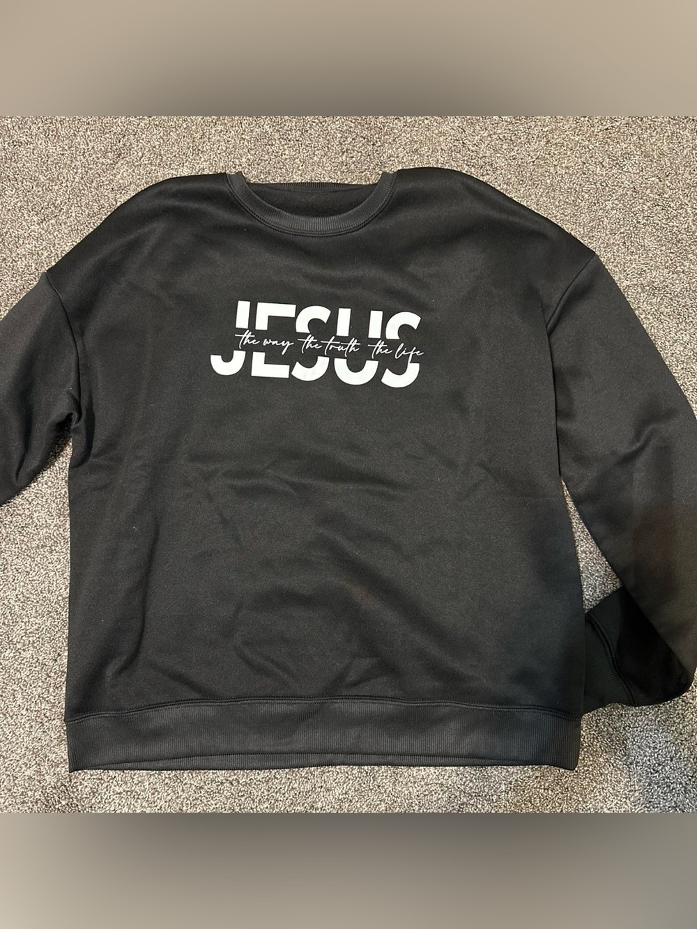 SHEIN Black Crewneck Sweatshirt with White JESUS Graphic